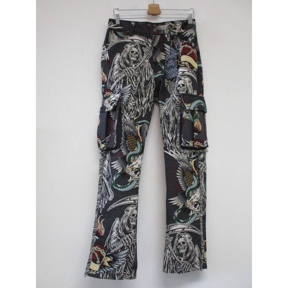 Rebel Vengeance Cargo Pants Mens 30 Black Tapestry Grim Reaper Skull Gothic Edgy